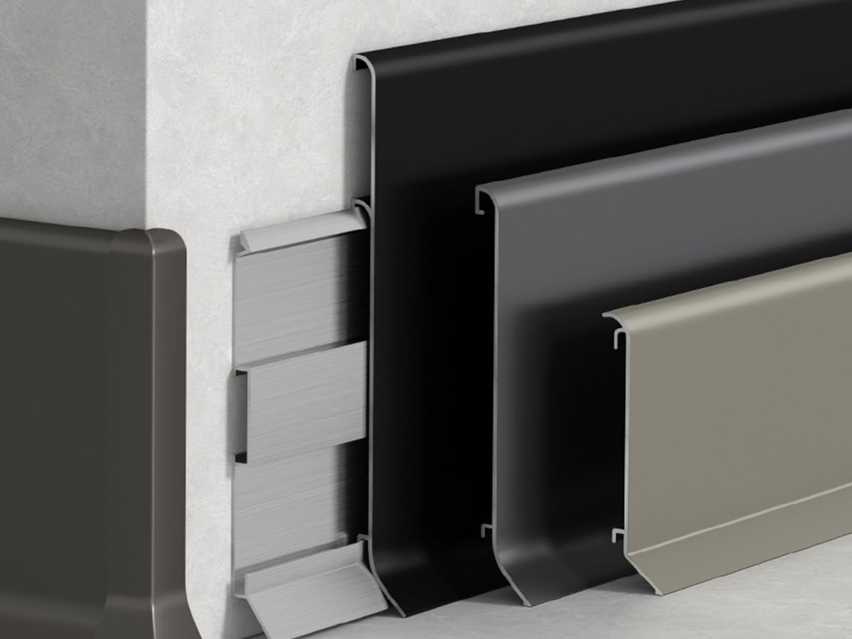Crystal-face aluminium skirting installed at a wall and floor junction