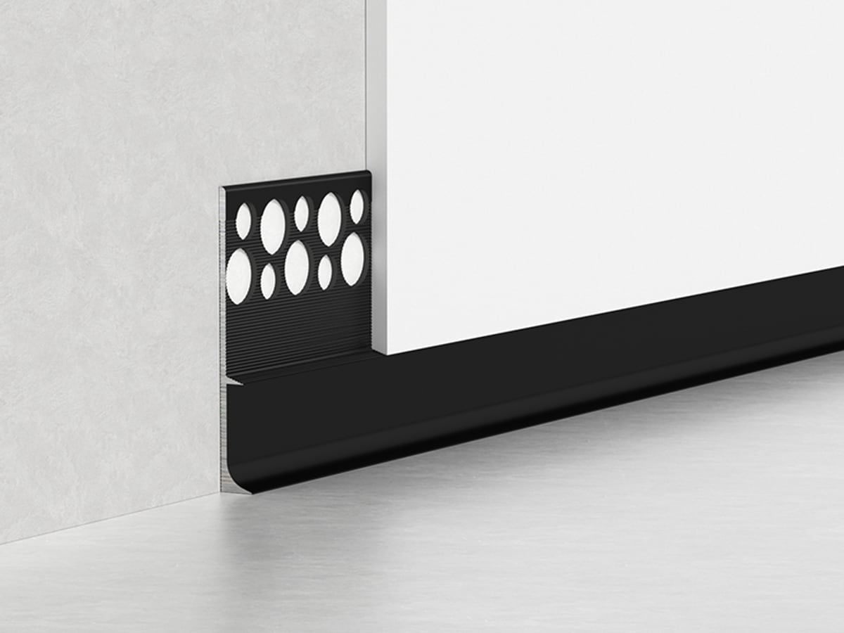Black plaster-in aluminium skirting with perforated fixing flange