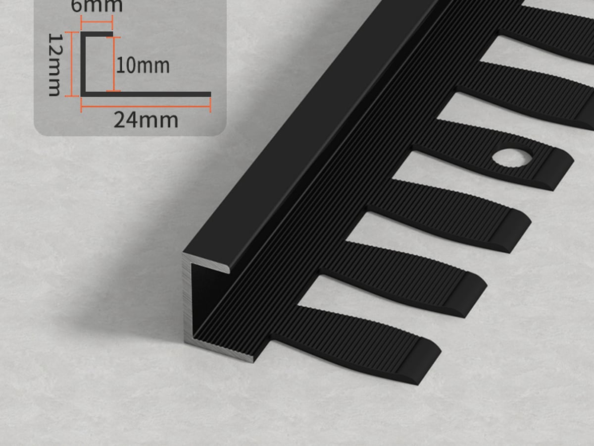 Black C-shaped aluminium finishing trim with profile dimensions